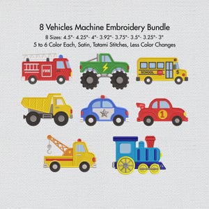 Bundle of 8 Vehicles machine embroidery design digital files, featuring a School Bus, Fire Truck, Police Car, Monster Truck, Sports Car, Train, Towing Truck, and Dump Truck arranged together. Instant download embroidery pattern for multiple embroidery machine formats including Pes, Dst, and Jef. Transportation themed embroidery bundle for boys' clothing and accessories.