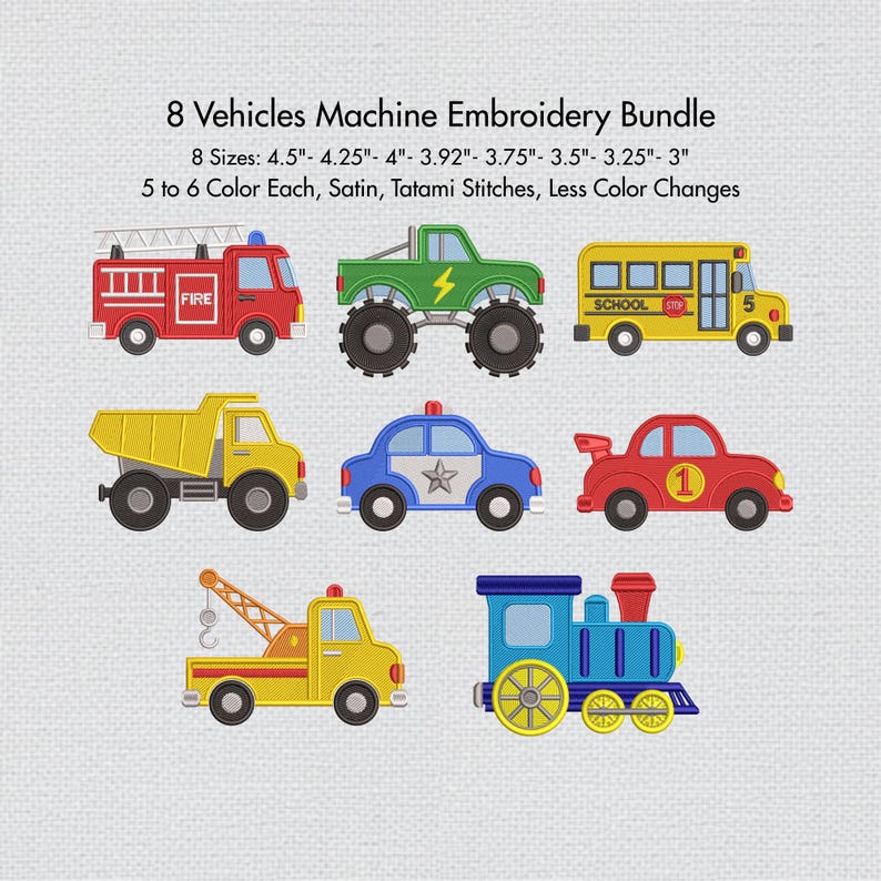 Bundle of 8 Vehicles machine embroidery design digital files, featuring a School Bus, Fire Truck, Police Car, Monster Truck, Sports Car, Train, Towing Truck, and Dump Truck arranged together. Instant download embroidery pattern for multiple embroidery machine formats including Pes, Dst, and Jef. Transportation themed embroidery bundle for boys' clothing and accessories.
