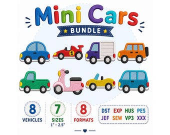 Mini Cars Machine Embroidery Files Set of 8 Tiny Vehicle Bundle Embroidery Design 7 Size