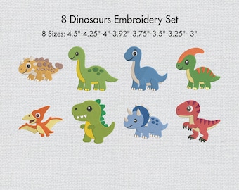 Baby Dinosaur Embroidery Bundle, 8 Boy Dinosaur Machine Embroidery Designs set, Cute Dino Embroidery Files, Nursery T-rex Design 8 sizes