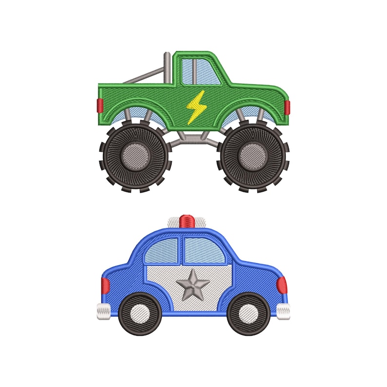Puede incluir: Dos dise&ntilde;os de veh&iacute;culos bordados: un cami&oacute;n monstruo verde con un rayo amarillo y un coche de polic&iacute;a azul con una estrella plateada. Ambos veh&iacute;culos tienen ruedas negras sobre un fondo blanco.