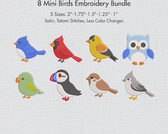 Birds Embroidery Designs Bundle, 8 Mini Bird Machine Embroidery Files, Owl Sparrow Parrot Cardinal Nature Woodland Animal Embroidery