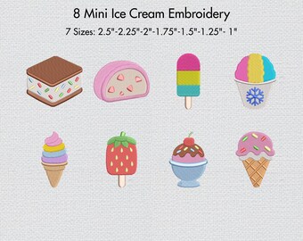 Mini Ice Cream Embroidery Bundle, Summer Embroidery Designs, Popsicle Dessert Machine Embroidery Files, 8 Designs 7 Sizes