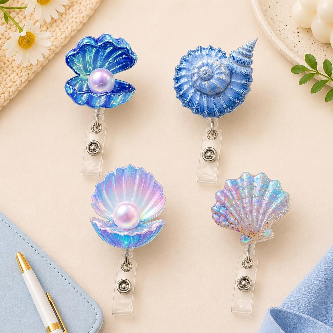 Pearl Shell Badge Reel, Mermaid Ocean Badge Holder, Seashell Acrylic ID ...