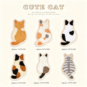 May include: Six embroidered cat patches in different colors and designs. The patches are self-adhesive and measure approximately 3.4 to 3.5 cm high and 2.8 to 5.5 cm wide. The text "CUTE CAT" is displayed above the patches. No ironing is required.