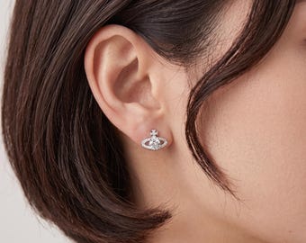 Saturn Planet Ohrstecker, Micro Pave Zirkonia Weltraum Ohrringe, Weißgold Farbe Kupfer Schmuck Geschenk für Frauen