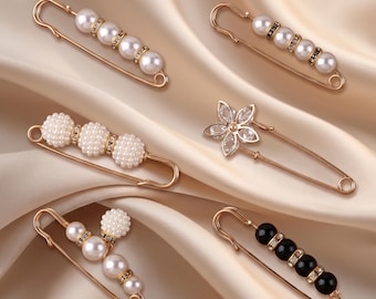 Pearl Waist Cinch Safety Pin Set, Set of 6, Clothing Tightener Brooch Pins, Pants Waist Adjuster, Anti-Gap Shirt Pin