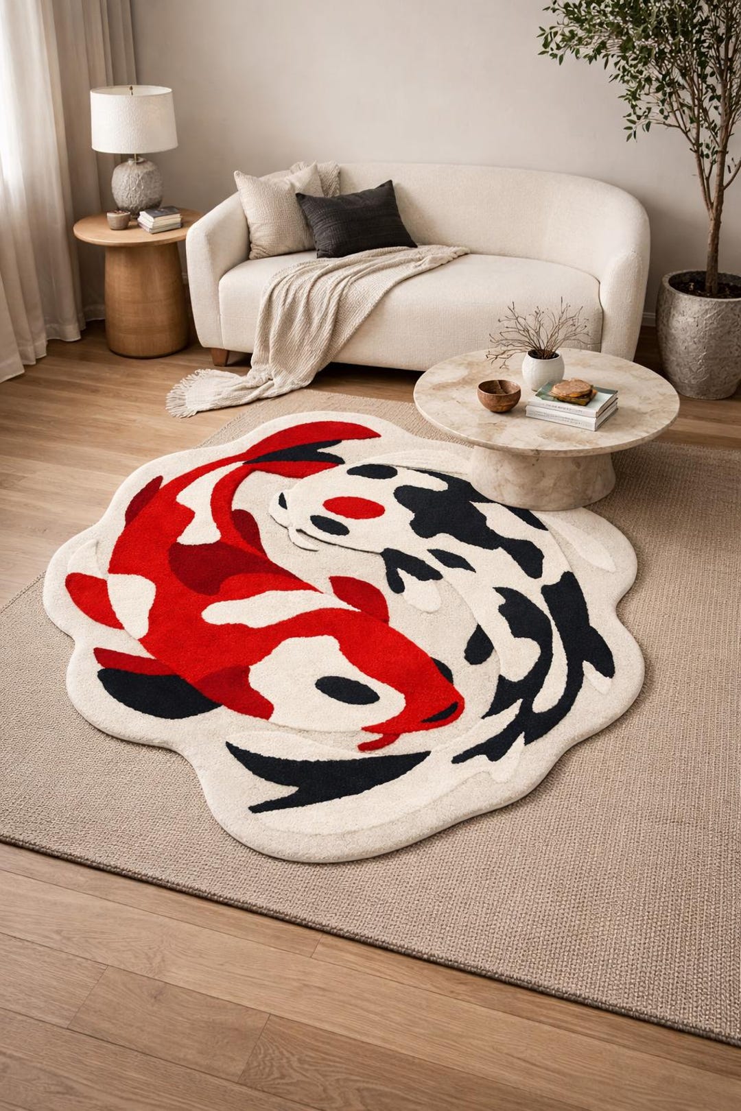 Red Koi Rug Koi Fish Rug – Japanese Inspired Animal Area Rug – Red Black White ...