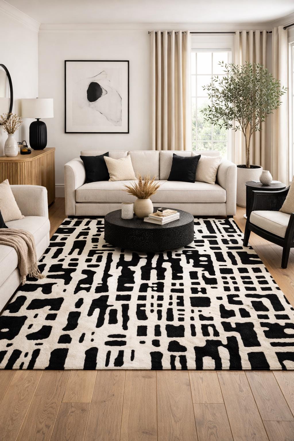 Neutral Abstract Rug Cream Black & Cream Abstract Area Rug, Modern Monochrome Geometric Carpet ...