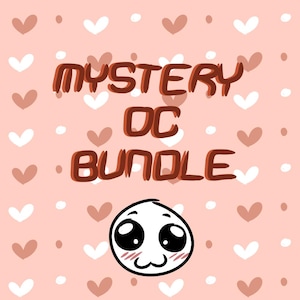 Puede incluir: Un fondo rosa con formas de corazón y puntos blancos y marrones. Las palabras "MYSTERY OC BUNDLE" están en letras marrones. Una cara de dibujos animados con ojos grandes y mejillas sonrojadas está en la parte inferior.