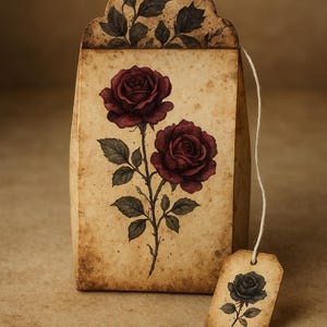 May include: A vintage-style tea bag box with a floral design. The box is beige with a dark red rose illustration. A small tag with a black rose illustration hangs from the box. The top of the box has a decorative leaf design.