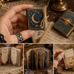 May include: Miniature antique-style books with celestial designs. The books feature a dark blue cover with a gold crescent moon and stars. One book is tied with twine. The pages inside are decorated with floral and botanical illustrations. The books are open to reveal pages with the words "Water", "Fire", and "Air".