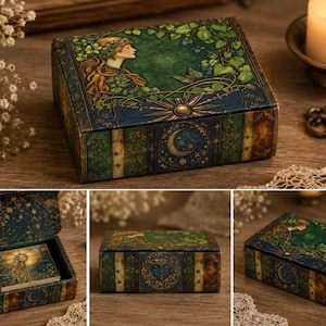 May include: A rectangular decorative box featuring a green and blue color palette with illustrations of a woman, ivy, a butterfly, a sun, and a crescent moon. The box lid and sides are adorned with intricate celestial and botanical motifs.