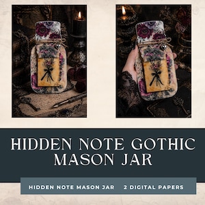 May include: Gothic-themed mason jar with floral and botanical designs. The jar features a decorative label with a bouquet illustration and the text "Hidden Note Gothic Mason Jar". The lid is adorned with floral patterns and twine.