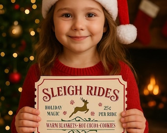 May include: A young girl wearing a Santa hat and red sweater holds a sign that reads "Sleigh Rides." The sign features a reindeer graphic and the words "Holiday Magic" and "Warm Blankets, Hot Cocoa, Cookies."