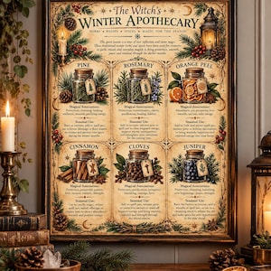 May include: A framed wall poster titled The Witch's Winter Apothecary, featuring illustrations of six glass jars containing pine, rosemary, orange peel, cinnamon, cloves, and juniper. The poster includes descriptive text for each item, decorative botanical borders, and candle and lantern illustrations.