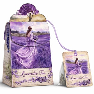 May include: A decorative box of Lavender Tea with a watercolor illustration of a woman in a purple dress in a lavender field. The box has a matching tag with the same image and the words "Lavender Tea".