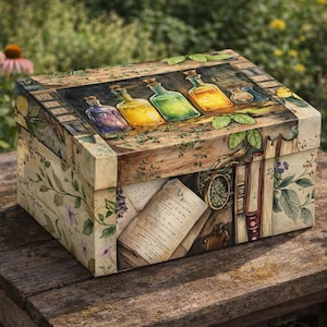 May include: A decorative wooden box featuring a watercolour painting of colourful potion bottles, books, and foliage. The box is set on a rustic wooden surface, with a blurred green background of plants and flowers.