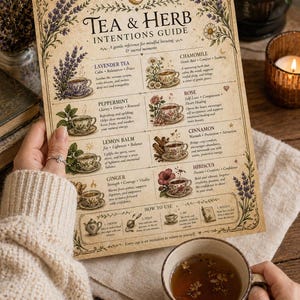 Könnte beinhalten: Ein Vintage-Ratgeber für Tee- und Kräuterintentionen mit floralen Rändern und Illustrationen von Teetassen. Der Ratgeber enthält Informationen zu verschiedenen Kräutertees. Eine Teetasse mit Tee wird im Vordergrund gehalten.