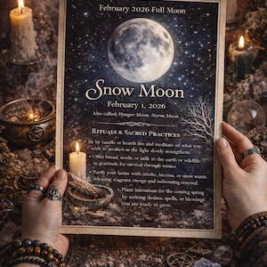 May include: A mystical Snow Moon ritual guide for February 1, 2026, featuring a full moon illustration against a starry night sky. The guide includes rituals and sacred practices, with lit candles and decorative elements.