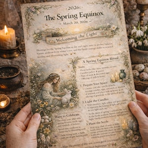 May include: A vintage-style print for the Spring Equinox 2026, featuring floral illustrations, a woman with a rabbit, and text about rituals and celebrations. The print is held by hands and surrounded by candles.