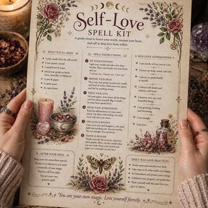May include: A Self-Love Spell Kit, featuring a printed guide with instructions and affirmations. The kit includes a pink candle, rose quartz crystal, and a small bowl. The image has a vintage aesthetic with floral and celestial accents.