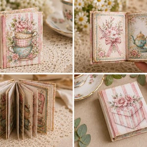 Op de afbeelding: Miniatuur decoratieve boeken met bloemen- en theekopjes illustraties. De boeken hebben roze en witte gestreepte covers en gaan open om gedetailleerde tekeningen van bloemen, theekopjes en theepotten te onthullen. Het thema is vintage en romantisch.
