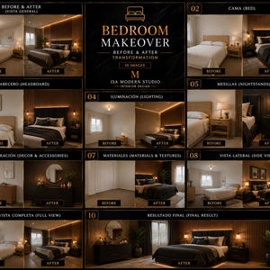 Puede incluir: Un collage de diez imágenes de antes y después de diseño de interiores de dormitorios titulado Bedroom Makeover por Isa Modern Studio. Las imágenes muestran transformaciones de camas, cabeceros, iluminación, decoración y vistas laterales con madera oscura.