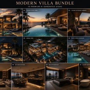May include: A digital collage titled MODERN VILLA BUNDLE 10 PREMIUM AI GENERATED VIEWS featuring ten distinct architectural renderings of a luxury villa. The images display exterior and interior scenes including a pool, terrace, and rooms at sunset.