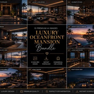 Puede incluir: Un paquete digital de 10 imágenes de alta resolución titulado Luxury Oceanfront Mansion Bundle, que muestra vistas interiores y exteriores de una residencia moderna al atardecer, incluyendo sala de estar, cocina, dormitorio, piscina, comedor y cine en casa.