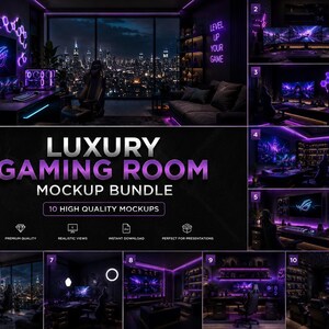 May include: A mockup bundle showcasing luxury gaming room designs. The image features various rooms with neon purple lighting, gaming setups, and city views. Text includes "Luxury Gaming Room Mockup Bundle" and "Level Up Your Game."