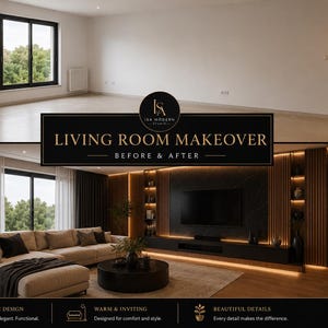 May include: A split-screen comparison showing a living room before and after a renovation. The top image displays an empty room with white walls. The bottom image features a beige sectional sofa, a round coffee table, and a dark wood media wall.