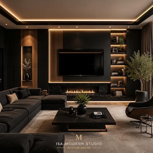 May include: A living room featuring a large black sectional sofa, a low black coffee table, and a black armchair. A wall-mounted television sits above a linear fireplace with integrated warm LED lighting, flanked by vertical wood slats and shelving.