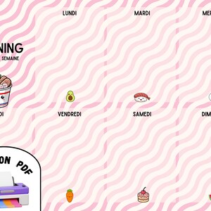 May include: A pink and white wavy-striped weekly meal planner with illustrated food icons for each day. The planner includes the text "PLANNING REPAS DE LA SEMAINE" and a PDF version icon with a printer.