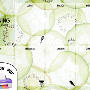 May include: A weekly meal planner with a background of green fruit slices. The word "PLANNING" is at the top left, with "REPAS DE LA SEMAINE" below it. Each day of the week is labelled, with icons for cooking utensils.