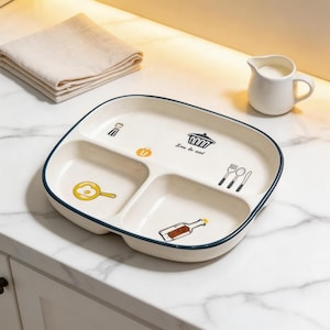Personalizowany ceramiczny talerz dzielony | Ilustracje kuchenne, naczynie do kontroli porcji