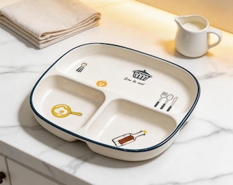 Plato cerámico dividido personalizable / Ilustraciones de cocina, plato para control de porciones