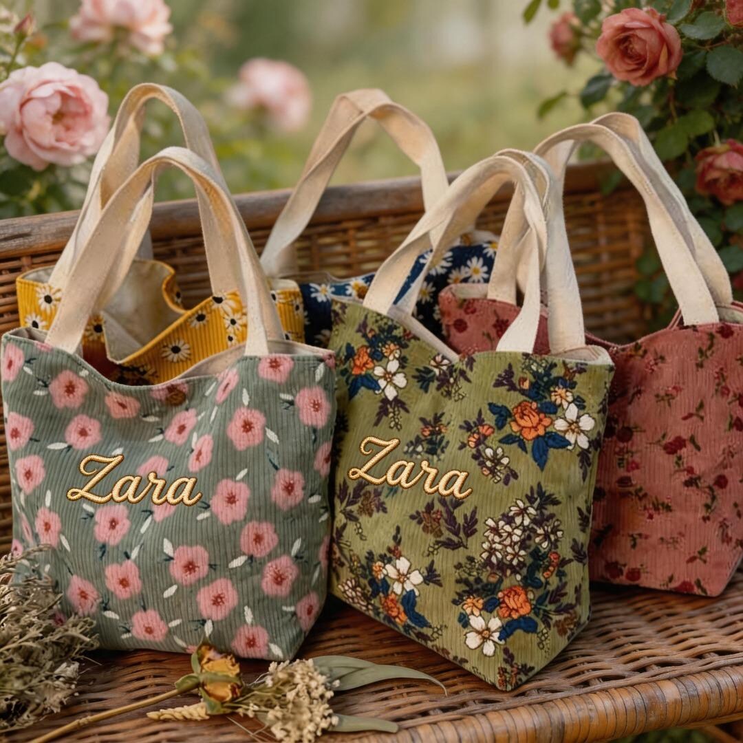 Custom Embroidered Floral Corduroy Mini Tote Bag, Retro Lunch Bag - Etsy