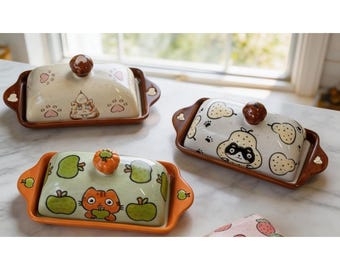 Hand-Painted Ceramic Butter Dish | Customizable Animal Embossed Underglaze Covered Dish