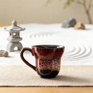May include: A ceramic mug with a dark brown and red glaze. The mug has a unique shape with a curved handle. The interior is a solid dark brown. The mug sits on a tan placemat.