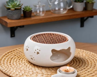 Customizable Cat Paw Ceramic Tea Warmer | Candle Heated Teapot Base, Home Fragrance Diffuser