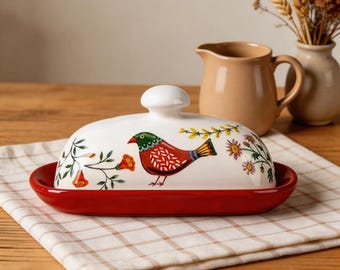 Mantequera de cerámica con diseño de pájaro de arte popular personalizable / Mantequera ovalada pintada a mano con tapa