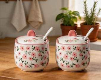 Personalized custom hand-painted flower ceramic seasoning container set, including spoons, for a rustic kitchen storage.