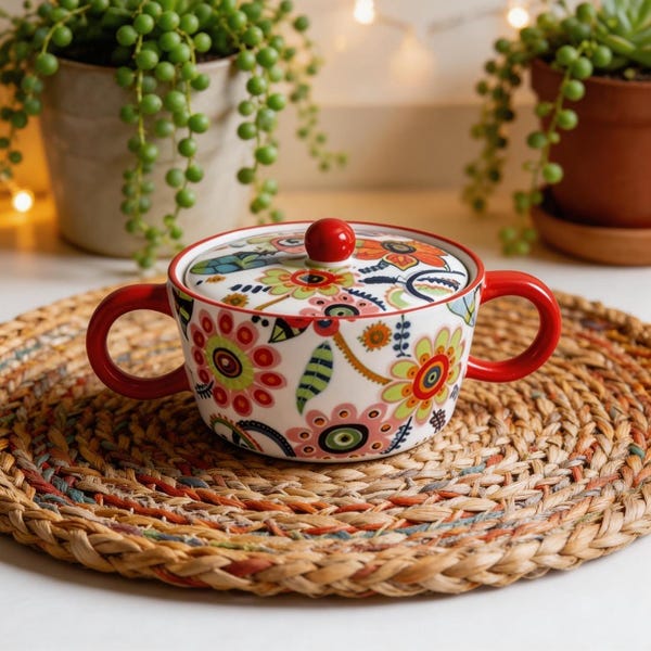 Customizable Nordic Floral Ceramic Lidded Bowl | Hand-Painted Butterfly Dessert Dish