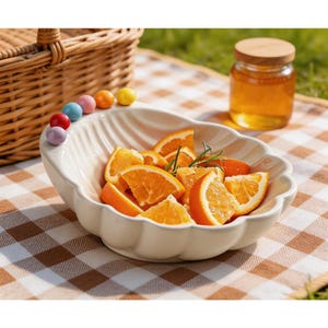 May include: A white, scalloped ceramic bowl filled with orange slices and a sprig of rosemary. The bowl is decorated with colorful candies along the rim. A jar of honey with a wooden lid sits in the background, suggesting a picnic setting.