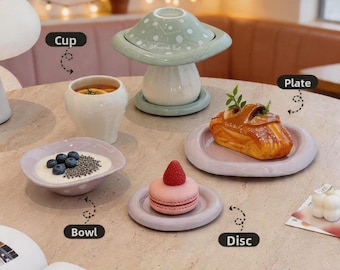 Juego de servir de cerámica personalizado con forma de seta, bonito juego de cuenco y tapa en tonos pastel con forma de seta para regalos y decoración.