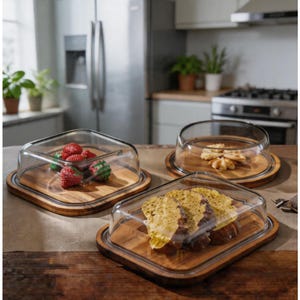 May include: Three wooden serving platters with clear glass covers. One platter holds strawberries and green candies, another has cookies, and the third contains slices of bread. The platters are on a wooden table in a kitchen setting.