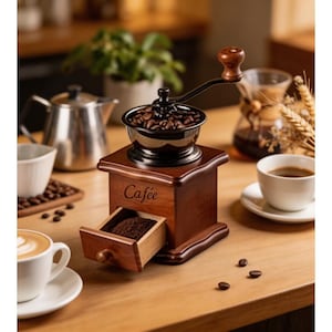 Könnte beinhalten: Ein manueller Kaffeemühle aus Holz mit dem Wort "Cafée" auf der Vorderseite. Die Mühle hat eine schwarze Oberseite mit Kaffeebohnen und eine Schublade mit gemahlenem Kaffee. Eine Tasse Kaffee und weiteres Zubehör sind im Hintergrund.
