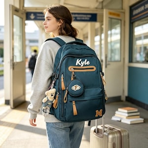 May include: A dark teal backpack featuring the name Kyle in white lettering, a small circular pouch with an F logo, a plush bear keychain, and a tan letter M patch. The bag includes multiple zippered compartments with tan pull tabs and straps.
