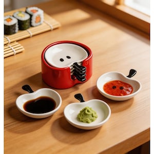 Puede incluir: Un juego de platos para servir sushi. El juego incluye pequeños platos blancos en forma de manzana con tallos negros, llenos de salsa de soja, wasabi y una salsa roja. Un soporte rojo contiene platos blancos adicionales. Se ven rollos de sushi.
